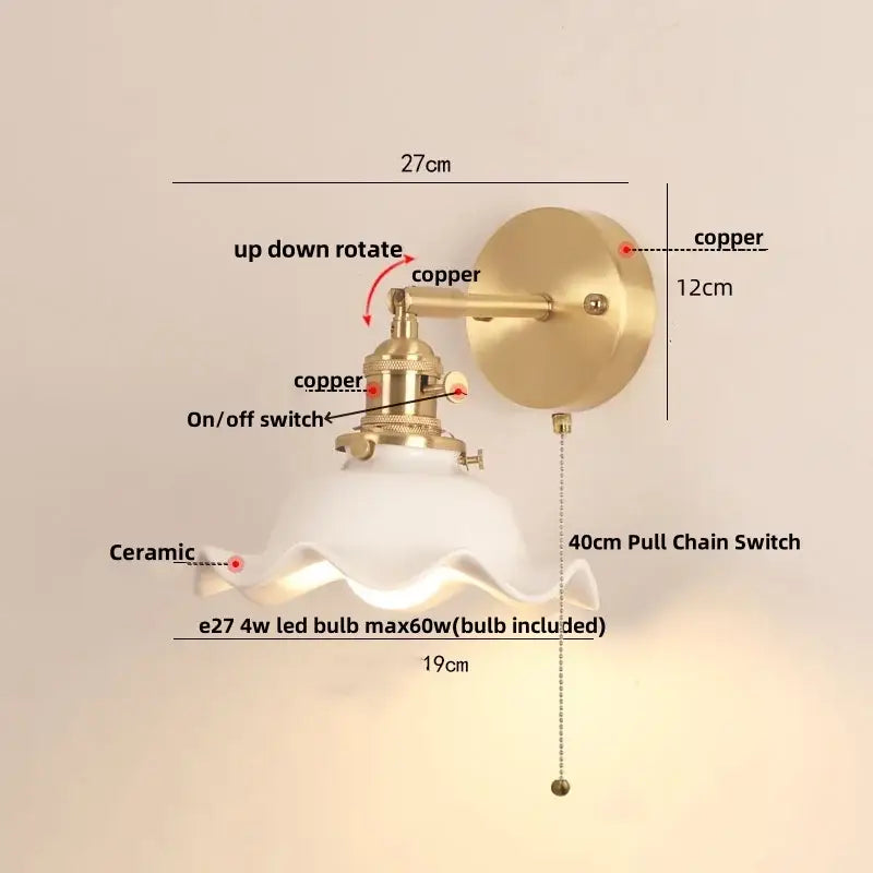 Vintage brass wall sconce with scalloped off-white ceramic glass shade featuring brass copper finish decorbites ceramic wood
