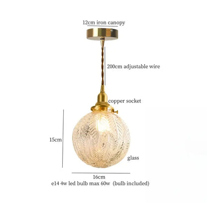 Vintage brass and textured glass led pendant lamp with copper socket for dining room lighting