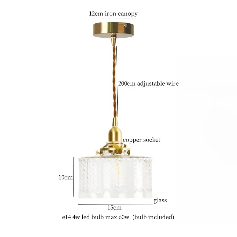 Vintage brass and textured glass led pendant lamp with copper socket and iron canopy for dining room lighting