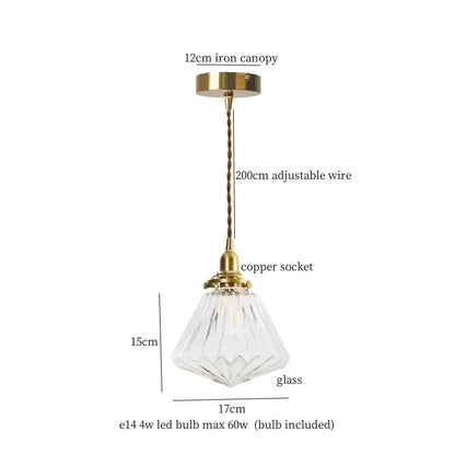 Vintage brass and textured glass led pendant lamp with faceted glass and copper socket for dining room lighting