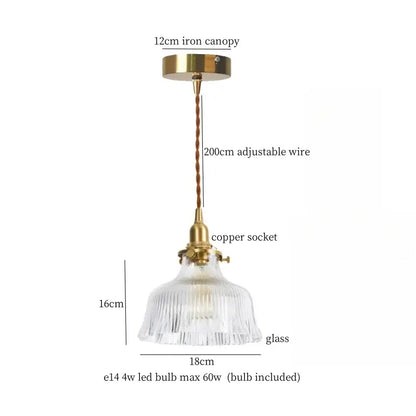 Vintage brass and textured glass led pendant lamp with copper socket and ribbed glass shade for dining room lighting