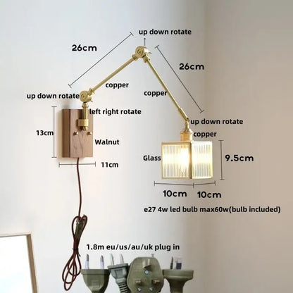 Adjustable copper wall light with walnut base glass shade and pull chain switch for vintage bedroom lighting