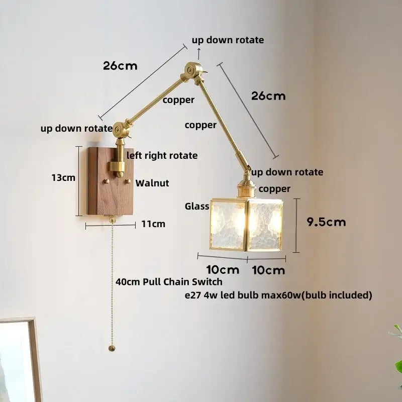 Adjustable copper wall light with walnut wood base, frosted glass shade, and pull chain switch for bedroom use