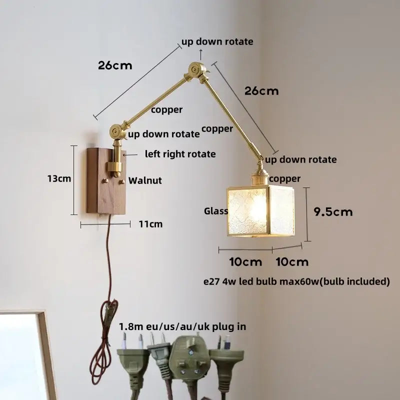 Adjustable copper wall light with walnut base frosted glass shade and pull chain switch for bedroom use