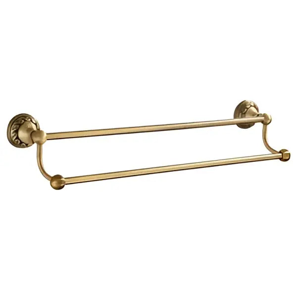 Vintage brass bathroom accessories set featuring a brass double towel rack with ornate decorative end caps for decorbites brass bathroom