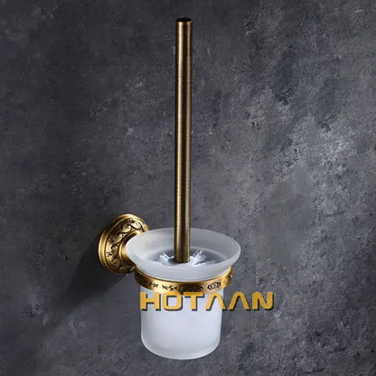 Vintage brass bathroom accessories set featuring a brass-finished toilet brush holder with frosted glass bowl and ornate wall mount for decorbites brass bathroom