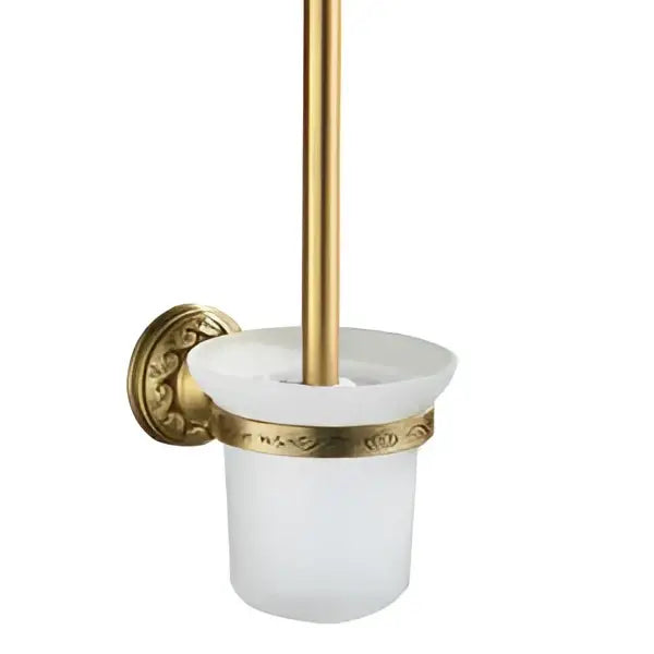 Gold-toned toilet brush holder with frosted glass cup and ornate metal bracket from decorbites brass bathroom accessories set