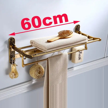 Gold-toned vintage brass bathroom accessories set with ornate wall-mounted brackets double-tier towel rack decorbites brass bathroom