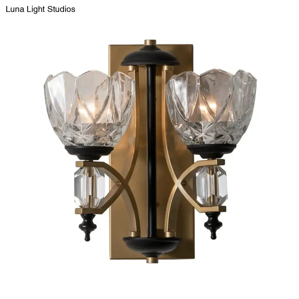 Vintage brass and black two-light wall sconce with faceted crystal bowl-shaped shades and gold finish 220v-240v