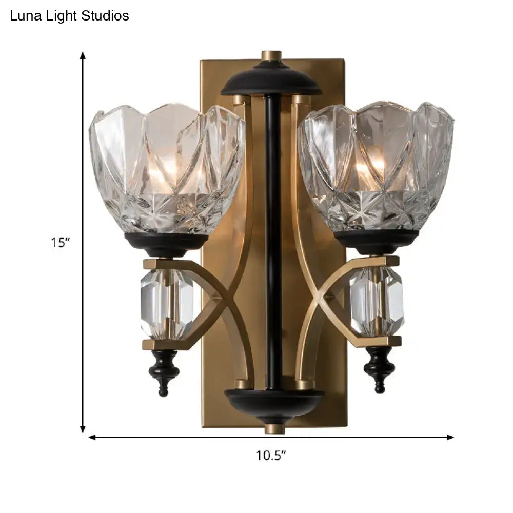 Vintage brass and black two-light wall sconce with faceted crystal bowl-shaped shades gold finish 220v-240v