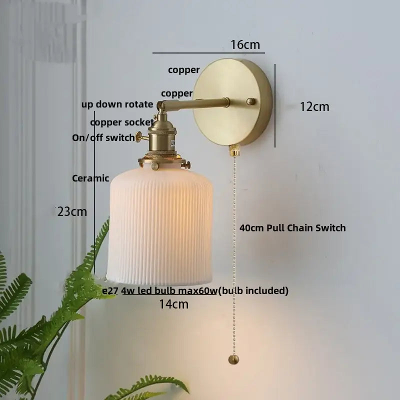 Vintage brass ceramic knob wall lights with ribbed off-white ceramic lampshade and brass-finished copper arm for bedroom