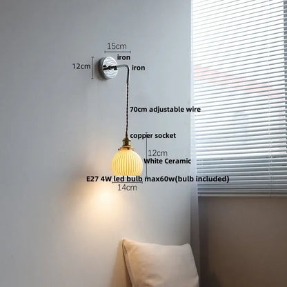 Vintage brass ceramic led wall lamp with white ribbed glass shade and adjustable copper socket for bedroom decorbites ceramic led wall