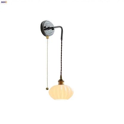 Vintage brass ceramic led wall lamp with warm ribbed opal glass shade and brass accents for bedroom decorbites ceramic led wall