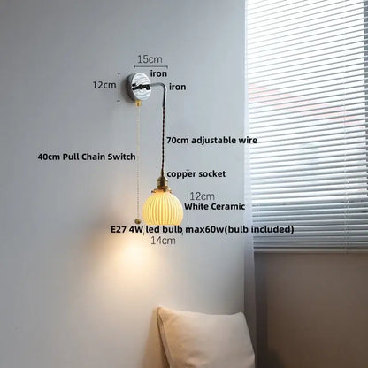 White ceramic led wall lamp with ribbed glass shade, brass accents, and adjustable copper wire by decorbites ceramic led
