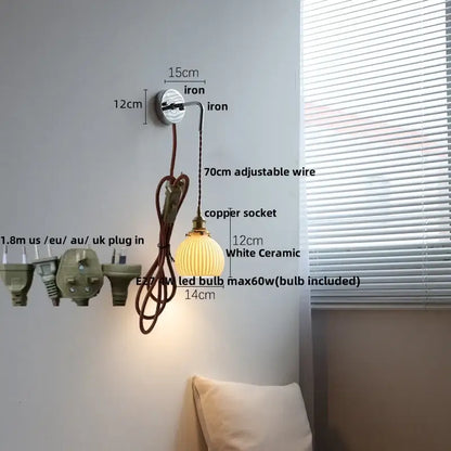 Vintage brass ceramic led wall lamp with white ceramic pendant, ribbed glass shade, and brass-finished copper socket decorbites ceramic led