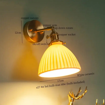 Antique brass ceramic led wall lamp with white ribbed ceramic lampshade and pull chain switch for bedroom decorbites wall lamp