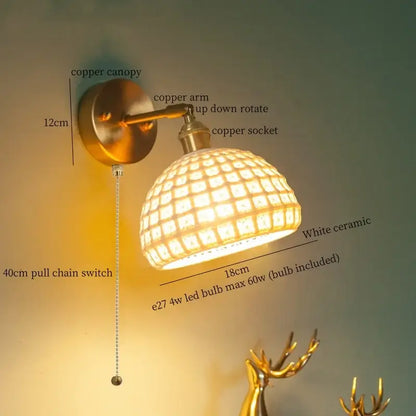 Copper-finished vintage brass ceramic led wall lamp with white ceramic shade and pull chain switch for bedroom decorbites