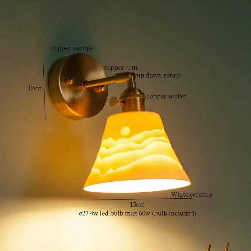 Vintage brass ceramic led wall lamp with warm-toned white ceramic shade hand-painted sunset decorbites brass ceramic