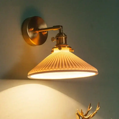 Vintage brass ceramic led wall lamp with ribbed warm-toned ceramic shade and pull chain switch for bedroom decorbites brass ceramic