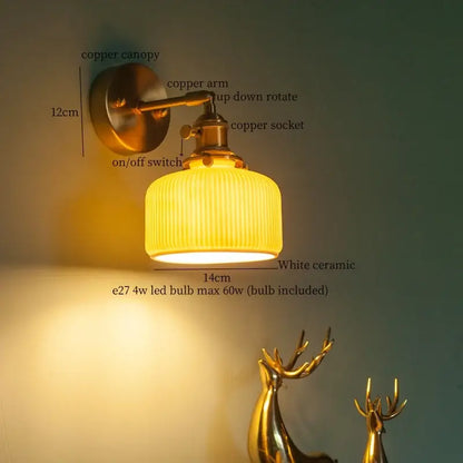 Vintage brass ceramic led wall lamp with copper wall sconce and white ribbed ceramic shade for bedroom decorbites brass ceramic