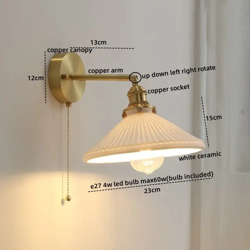 Vintage brass ceramic led wall light with adjustable copper arm and white ceramic lampshade for bedroom decorbites ceramic led