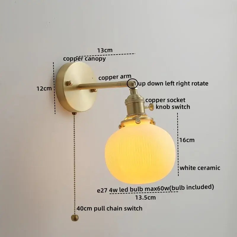 Vintage brass ceramic led wall light with ribbed glass features a warm-glowing white ceramic globe sconce for bedroom decorbites ceramic led wall
