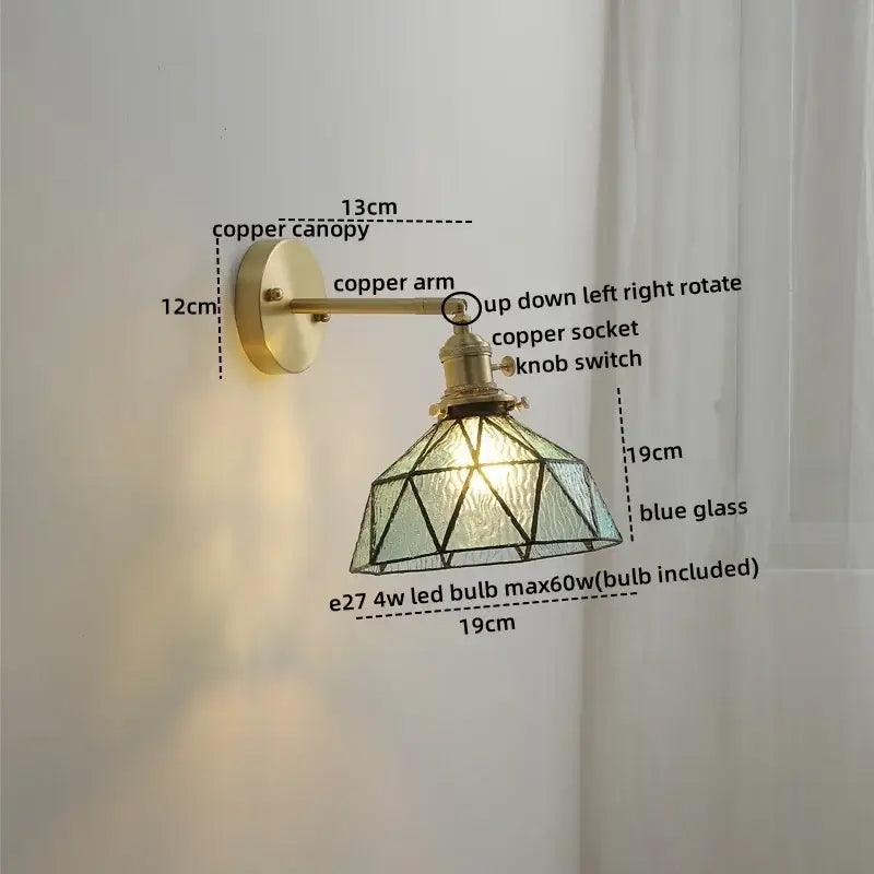 Vintage brass ceramic led wall light with a copper geometric blue glass shade for stylish bedroom decorbites ceramic led wall use
