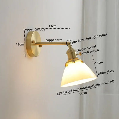 Vintage brass ceramic led wall light with ribbed glass shade and adjustable copper arm for bedroom wall decorbites ceramic led