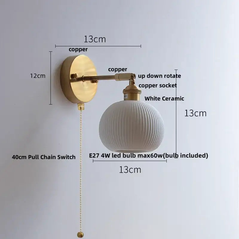 Vintage brass ceramic led wall lights with polished copper arm and white ceramic globe for bedroom decorbites ceramic led wall
