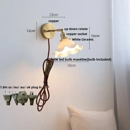Vintage brass ceramic led wall light with copper base and flared white ceramic shade for bedroom decorbites ceramic led