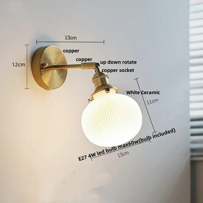 Copper-finished wall lights with white ribbed ceramic globe featuring decorbites ceramic led for bedroom decor