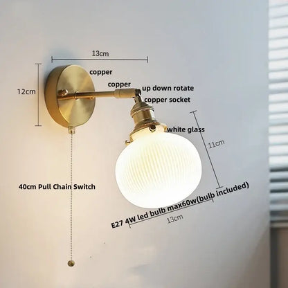 Vintage brass ceramic led wall light with copper adjustable arm and ribbed white ruffled glass shade for decorbites ceramic led wall lighting
