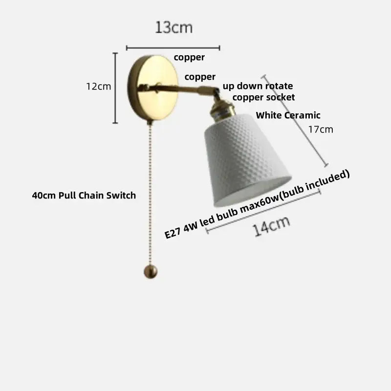 Vintage brass ceramic led wall light with white diamond-patterned ceramic lampshade on adjustable copper arm by decorbites ceramic led