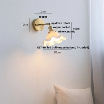 Copper-finished vintage brass ceramic led wall light with white scalloped ceramic led wall lampshade for bedroom decorbites ceramic led