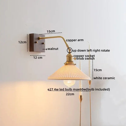 Vintage brass ceramic led wall sconce with walnut mount and white ceramic shade for elegant bedroom decorbites ceramic led lighting