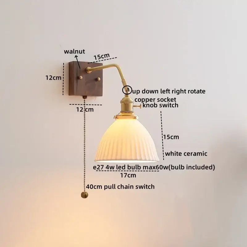 Vintage brass ceramic led wall sconce with walnut base, white ceramic bell shade, and 4w led bulb for bedroom decorbites ceramic led