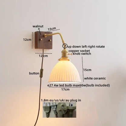Vintage brass ceramic led wall sconce with walnut base, brass copper socket, and white ceramic bell shade for decorbites ceramic led