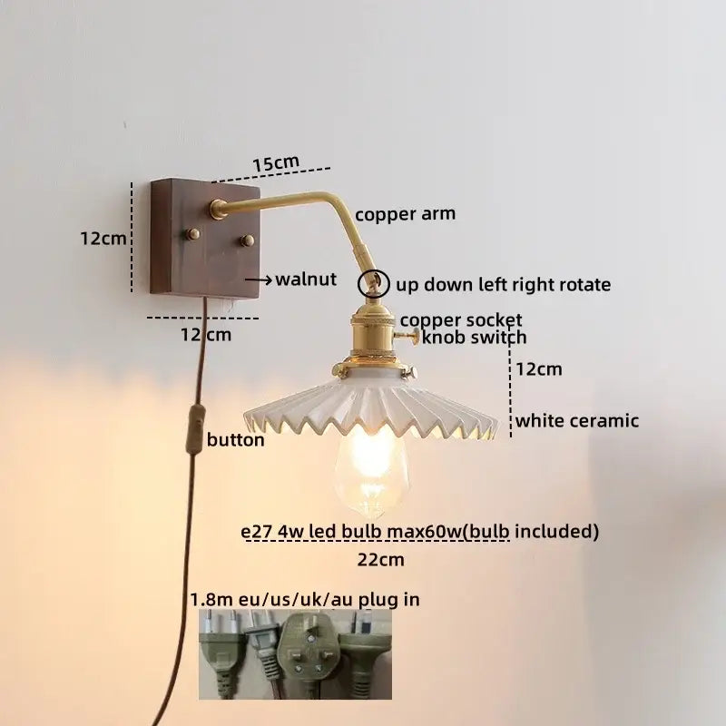 Vintage brass ceramic led wall sconce with walnut mount and white ceramic shade for bedroom decorbites ceramic led light