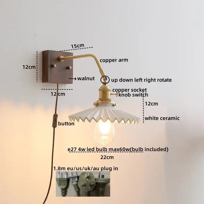 Vintage brass ceramic led wall sconce with walnut mount and white ceramic shade for bedroom decorbites ceramic led light