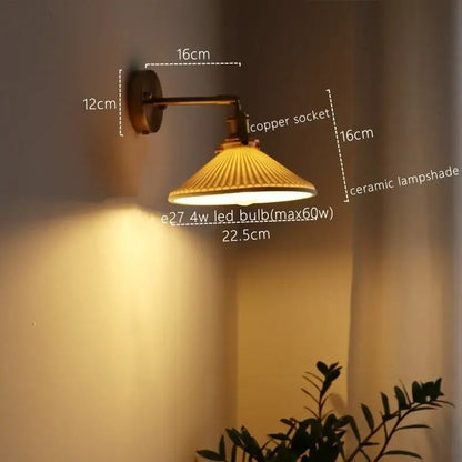 Copper-finished vintage brass ceramic led wall sconce with ribbed ceramic led wall lampshade for bedroom decorbites ceramic led