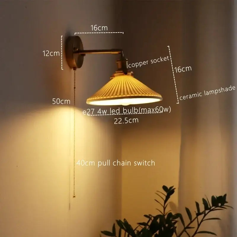 Copper-finished vintage brass ceramic led wall sconce with ribbed ceramic shade and pull chain switch for bedroom decorbites ceramic led wall