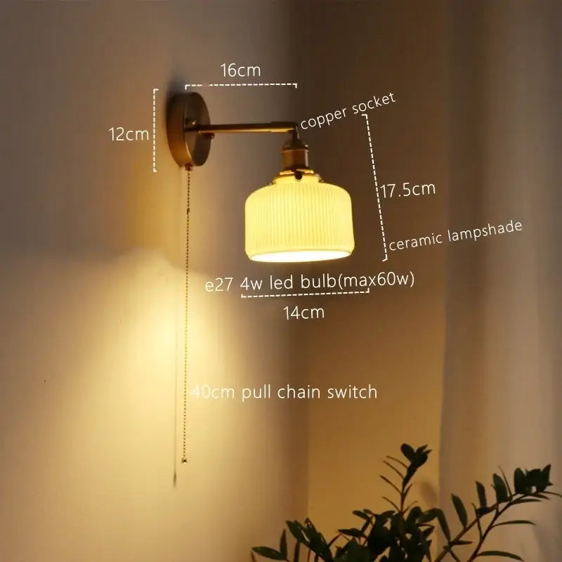 Vintage brass ceramic led wall sconce with warm-toned ribbed ceramic lampshade for bedroom decorbites ceramic led wall