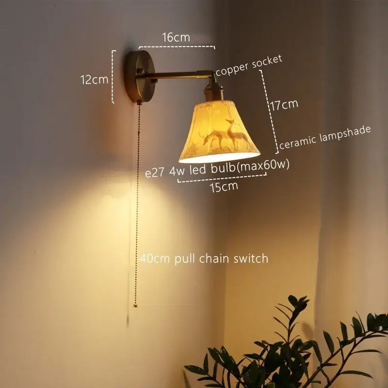Copper-finished vintage brass ceramic led wall sconce with a ceramic lampshade embossed deer design for bedroom decorbites ceramic led wall