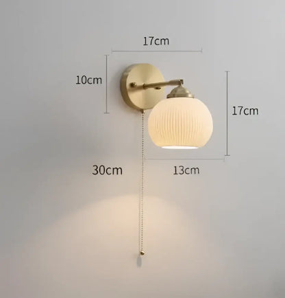 Vintage brass ceramic wall lamp with ribbed off-white glass shade and pull chain for bedroom decorbites ceramic wall lamp