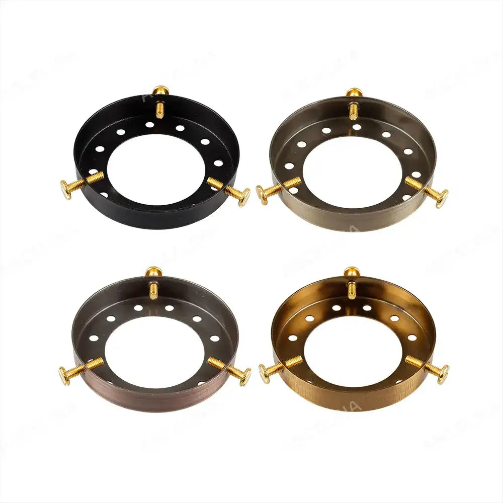 Four circular metal lamp holder rings in black bronze and gold finishes with golden screws for decorbites brass chandelier