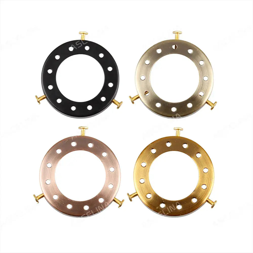 Four circular metal lamp holder rings in black brass rose gold and gold finish with threaded screws for brass chandelier lamp use