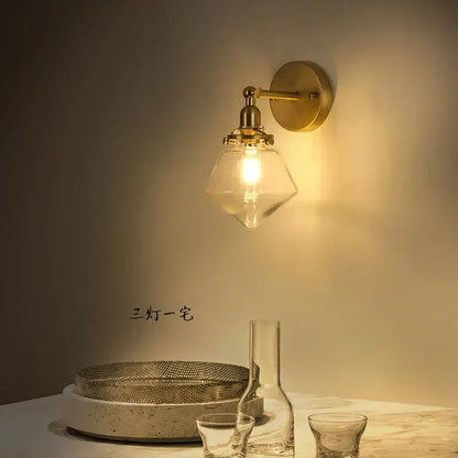 Vintage brass chevron wall lamp with clear glass faceted shade led wall sconce for bedroom lighting