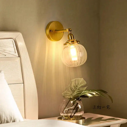 Vintage brass chevron wall lamp with clear ribbed glass globe led wall sconce for bedroom lighting