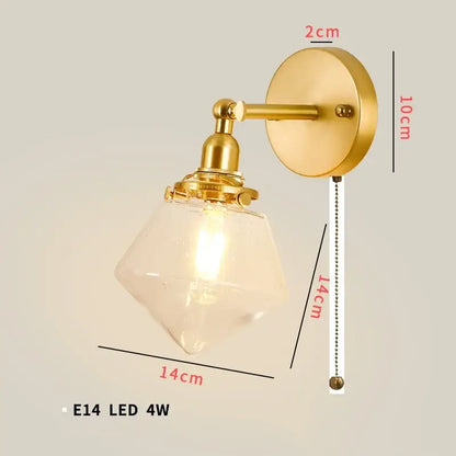 Vintage brass chevron clear glass led wall lamp with gold finish and diamond-shaped glass shade for bedroom sconce
