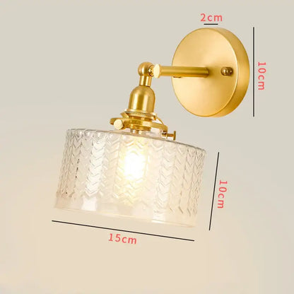 Vintage brass led wall lamp with clear glass shade featuring intricate chevron pattern for bedroom sconce lighting